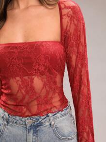 SHEIN BAE 女士勃艮第蕾丝透明简约派对上衣，适合约会之夜、女生聚会、生日派对、情人节、鸡尾酒会、夜总会、节庆活动 - 紅色 - 查看 4