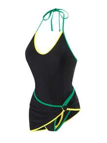 Swim SXY 女士优雅纯色细肩带彩色饰边半身裙两件套，春夏 - 黑色 - 查看 5