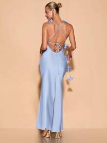 SHEIN BAE Vestido con cuello en V y espalda descubierta con estampado floral para fiesta, boda, vacaciones