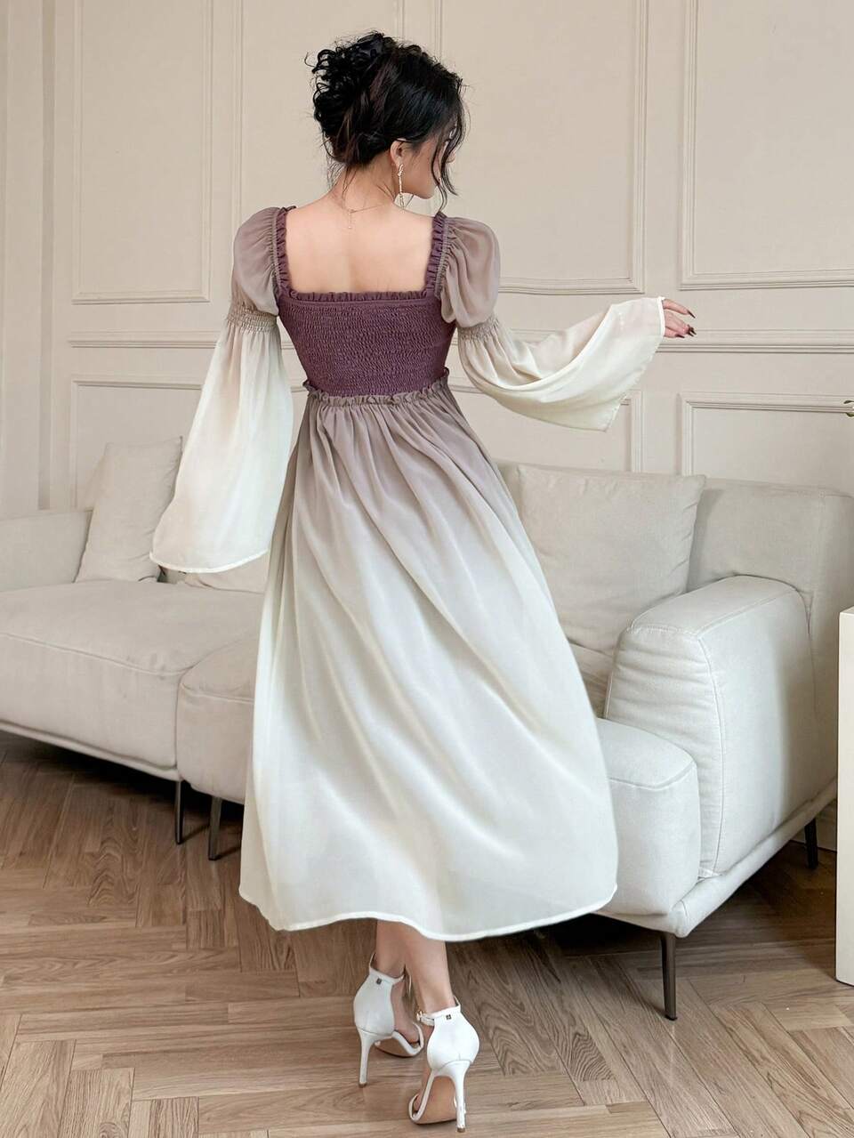 Square Neck Ombre Frill Hem Mid-Long Dress For Women Elegant,Fall Dress Long Sleeve Dress