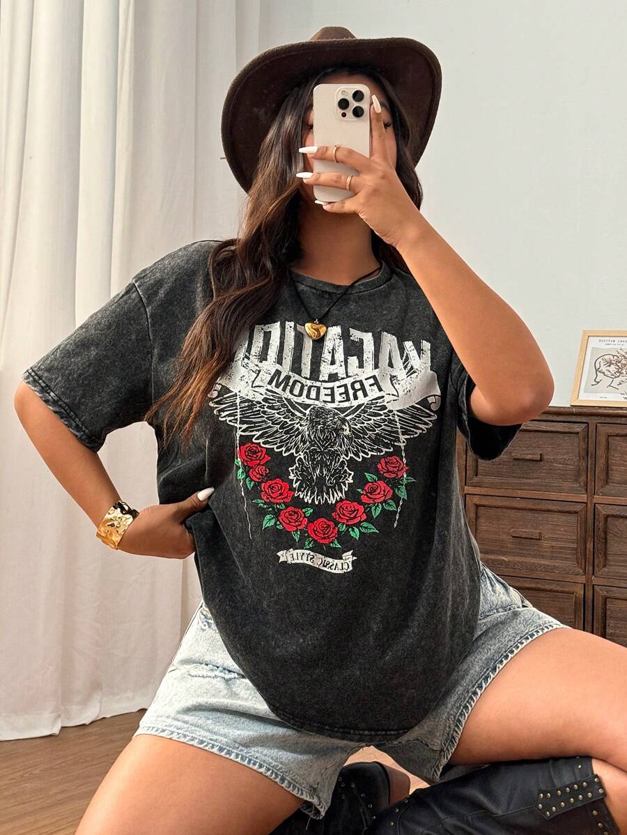 SHEIN EZwear 大码复古褪色老鹰与玫瑰印花宽松棉质 T 恤 - 黑色 - 查看 1