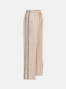 Teen Girls  Contrast Trim Drawstring Waist Wide Leg Casual Cargo Pants - Apricot - View 4