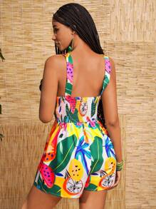 Slaydiva Mono nuevo con estampado de planta tropical, estilo casual de vacaciones, primavera/verano - Blanco - Ver 2