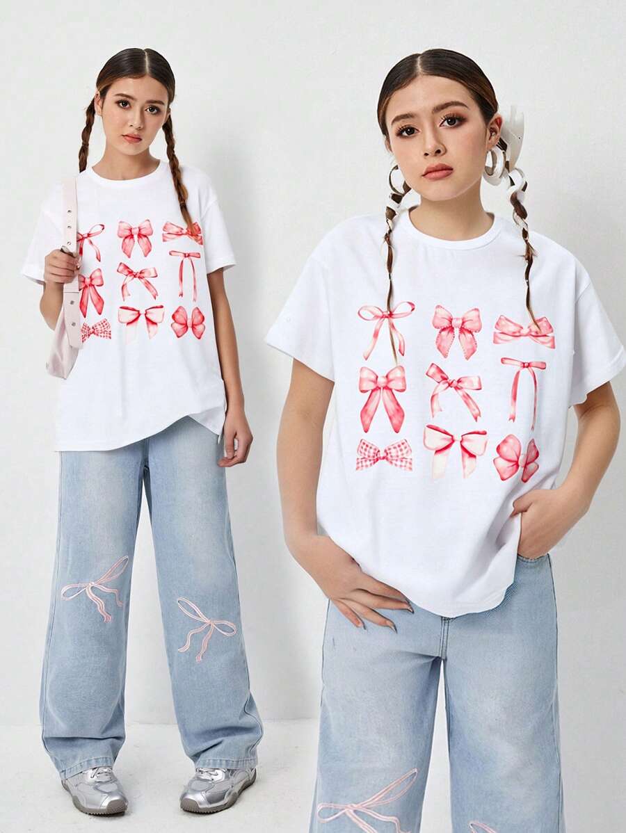 Set de 2 piezas: Camiseta holgada con lazo estampado y jeans de pata ancha bordados para niñas preadolescentes, ropa diaria cómoda y de moda - Blanco - Ver 1