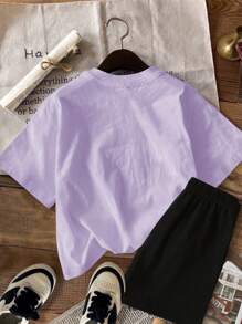 SHEIN Leap Crew 青少年女孩休闲简约短袖 T 恤和短裤两件套，适合夏季 - 彩色 - 查看 2
