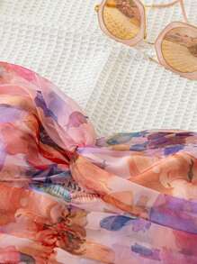 Soleia WYWH Women's Romantic Casual Vacation Dress, Suitable For Easter, Graduation, Wedding, Back To School, Party, Garden Tea - Cute Girl Style, Watercolor Floral Print, Off Shoulder Twist Blouse, Made Of Organza