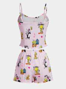 LOONEY TUNES X SHEIN Women Pink Cute Tweety & Sylvester Cartoon Print Cami Top And Shorts Pajama Sets, Summer Sets For Women Women Pajamas Family Women Sleepwear Two Pieces Summer Outfits - Pink - View 4
