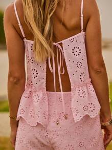 Aralina Vacation Broderie Anglaise Peplum Drawstring Waist Summer Two Pieces Set - Pink - View 3