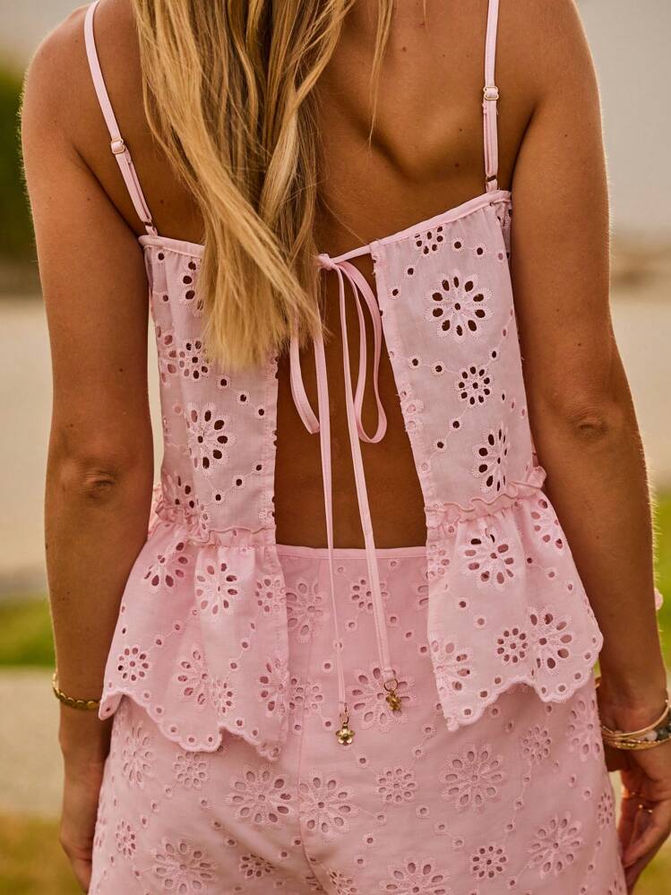 Aralina Conjunto de dos piezas de verano con cintura con cordón y peplum de bordado inglés para vacaciones - Rosa - Añade 2