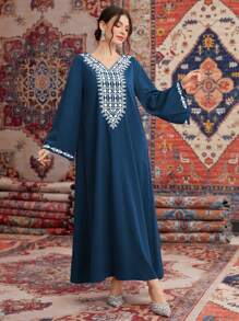 Al Najma Abito lungo con scollo a V, maniche lunghe, dritto e morbido, con motivo geometrico, in stile arabo