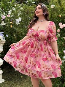 Lyrianda Plus Size Vintage Floral Ruffle Hem Lantern Sleeve Mini Dress For Women, Casual, Office, Beach, Wedding, Spring/Summer