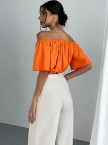 Aloruh Elegant Vacation Solid Color Off Shoulder V-Neck Cinched Waist Short Sleeve Blouse, Summer