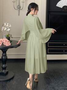 DAZY Plain Collar Pleated Ruffle Sleeve Midi Dress For Women Prom Dress Elegant,Fall Clothes