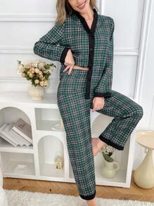 Conjunto de pijama informal de mujer con cuello en V a contraste y estampado de cuadros