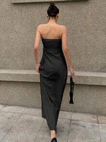 Livesso Đầm không tay màu trơn, đầm dài thanh lịch cho kỳ nghỉ hè của nữ, đầm maxi vải lanh mùa xuân và hè. - màu đen - Xem 2