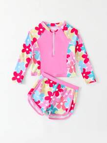 年轻女孩细肩带比基尼套装，印花分体泳衣 - 粉色 - 查看 5