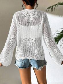 Breezaya Vacation Beach Solid Color Openwork Tie Front Cardigan Sweater Fall Winter Cloth For Women - White - View 2