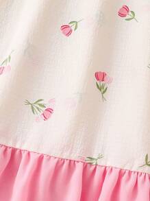 Little Girls Floral Print Ruffle Trim Short Sleeve Nightgown Sleepwear - Pink - View 3