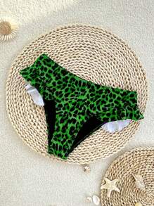 SHEIN Swim Springbreak New Leopard Print Ruffle Trim Sexy Women Bikini Bottom - Green - View 1