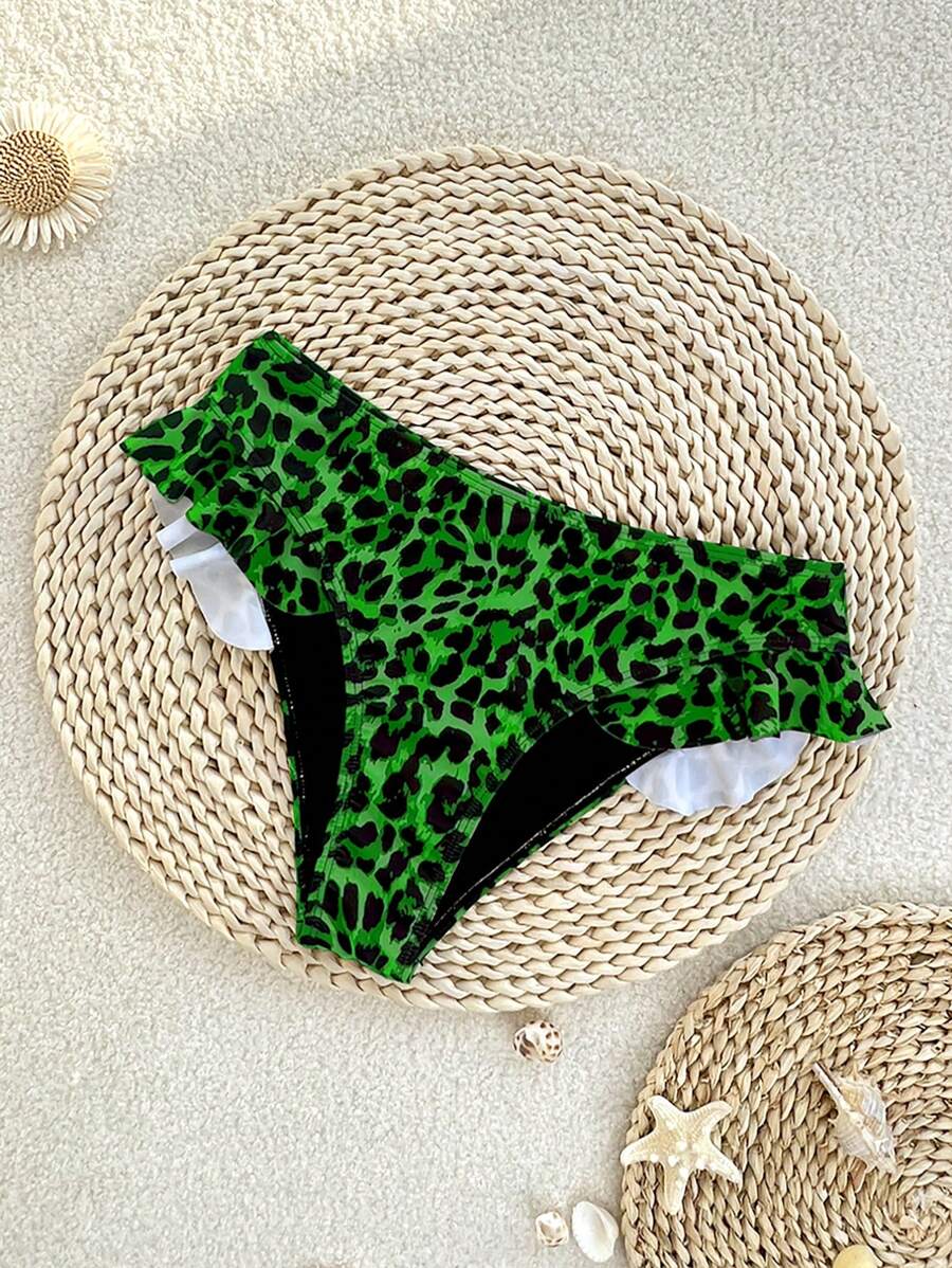 SHEIN Swim Springbreak New Leopard Print Ruffle Trim Sexy Women Bikini Bottom - Green - View 1