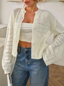 SHEIN Cottnline 女士前扣镂空春季开衫 - 杏色 - 查看 7