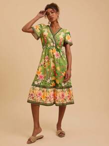 Travachic Váy dài vừa phải, tay ngắn, cổ chữ V, họa tiết hoa, thường ngày, trang phục mùa hè cho phụ nữ, mùa hè, trang phục nghỉ mát cho phụ nữ, váy mùa hè cho phụ nữ - màu xanh lá - Xem 5