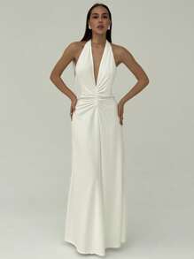 Aloruh Elegant Sexy Halter Neck Deep V Backless Ruched A-Line Wedding Guest Dress - White - View 4