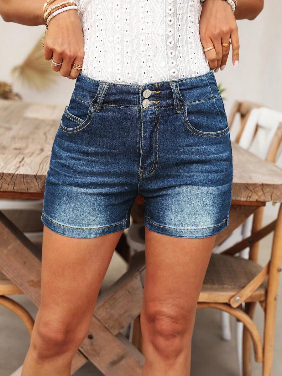 SHEIN LUNE Celana Pendek Denim Kasual Serbaguna dengan Saku untuk Wanita - Biru - View 1