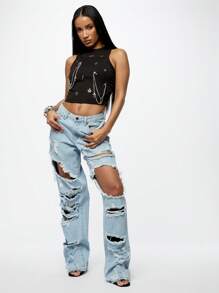 SUMWON WOMEN Quần Jeans Denim Rộng Baggy Fit - Màu xanh lam - Xem 3