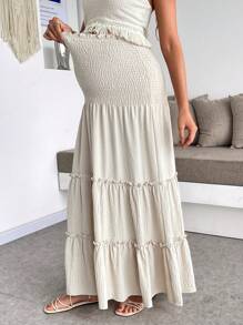 SHEIN 2pcs Maternity Set: Shirred Backless Tassel Trim Casual Top & High Waist Skirt