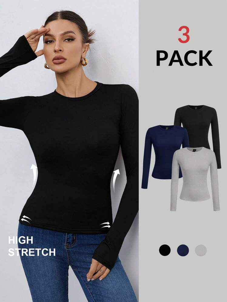 SHEIN Tall Conjunto de tres piezas de mujer con cuello redondo, ajustado, de unicolor, con camiseta de manga larga, adecuado para primavera, otoño e invierno - Multicolor - Añade 2