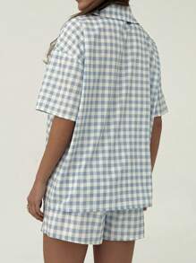 Aloruh Set de 2 piezas de shorts y camisa de manga corta a juego con estampado a cuadros, cómodos para el hogar