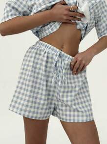 Aloruh Set de 2 piezas de shorts y camisa de manga corta a juego con estampado a cuadros, cómodos para el hogar