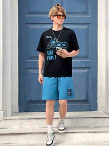 SHEIN 青少年男孩休閒視頻遊戲英文字母印花t恤和短褲套裝,夏季 - 彩色 - 查看 5