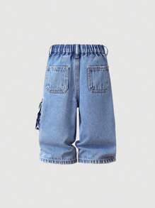SHEIN Baby Boy Fashionable Washed Multiple Pockets Baggy Loose Fit Blue Denim Cargo Pants, For Baby Outdoor Wear And Daily Wear - Light Wash - View 6