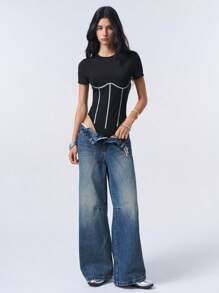 LYSMO Athletic Style Reflective Striped Short Sleeve Bodysuit - Black - View 7