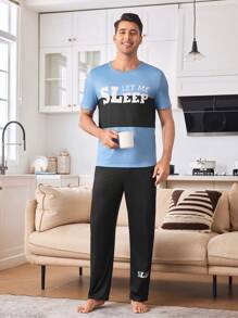 CoupledUp 2 件套男士休闲字母印花拼布睡衣套装，情侣家居服 - 彩色 - 查看 7