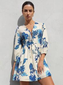 Aveloria Modichic Abito mini casual da donna in stile francese alla moda per le vacanze, con scollo a V lento, design con legame sul petto, vita svasata, maniche larghe e stampa a blocchi di colore - Multicolore - Visualizzare 1