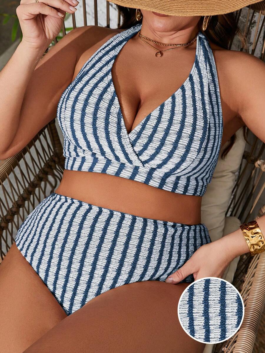 Swim Basics Plus Size Women 2 Pieces Striped Halter V-Neck Tankini Swimwear Set, Fashionable Casual Holiday Beach For Summer Beach Vacation - Blue - View 1