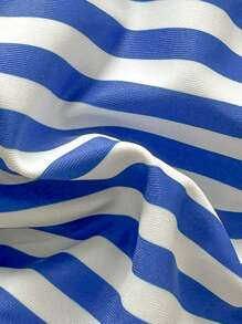 Swim Mod Springbreak Women Summer Cherries Print Triangle Halter Cherries Decor & Blue Striped Bikini Bottom Cute & Sexy Swimwear Set - Blue and White - View 5