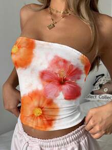 SHEIN EZwear 女士休闲全花卉印花抹胸短款上衣，适合夏季 - 白色 - 查看 4