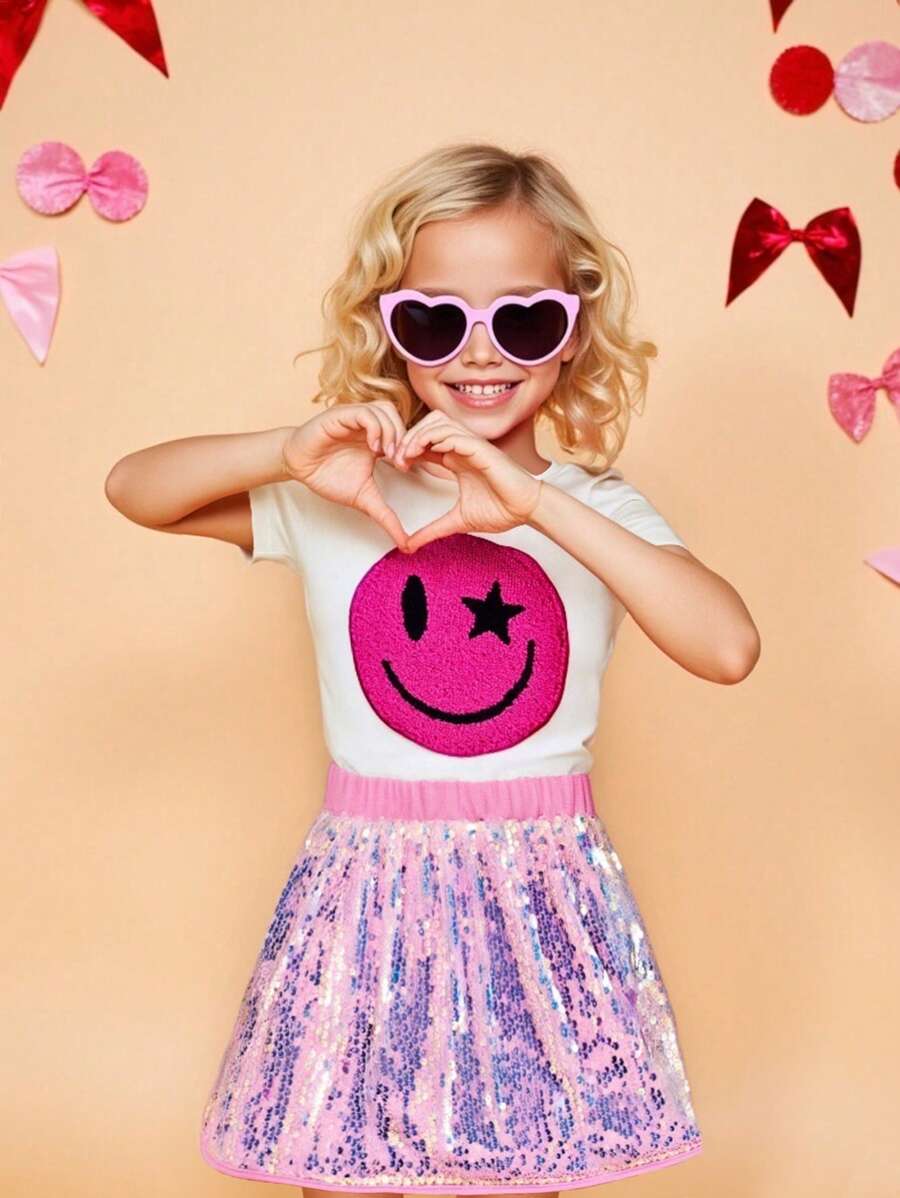 SHEIN 2pcs/Set Girls Casual Cute Funny Cartoon Smiling Face Embroidered Round Neck Short Sleeve Top And Sequined Mini Skirt, Suitable For Outdoor Activities, Party, Birthday Photo Shoot, Spring/Summer