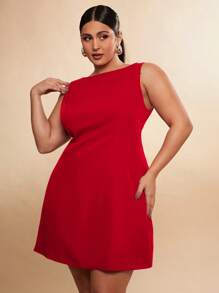 SHEIN BAE Solid Color Round Neck Sleeveless Flared Hem Minimalist Elegant Short Dress,Birthday Dresses For Women - Red - View 5