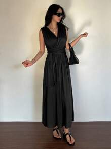 DAZY Váy không tay cổ chữ V buộc eo cho nữ, váy dài mùa hè thanh lịch, váy suông công sở cho nữ, váy trang trọng cho nữ - màu đen - Xem 6