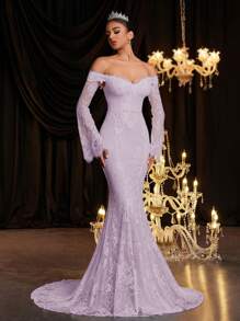 Glamrae Elegant Luxurious Off Shoulder Flared Elastic Lace Sexy Sheer Backless Mermaid Hem Maxi Dress, Suitable For Wedding, Party, Holiday, Graduation Season, Bride - Mauve Purple - View 6