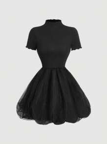 SHEIN MOD Vestido mini de burbuja de manga corta, cuello alto y malla en color negro