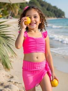 3 件套少女条纹荷叶边比基尼套装带沙滩裙，女孩小女孩泳装套装 - 彩色 - 查看 6