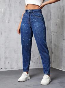 SHEIN PETITE Women's Rhinestone Embellished Pocket Skinny Jeans, For All Seasons - Blue - View 8