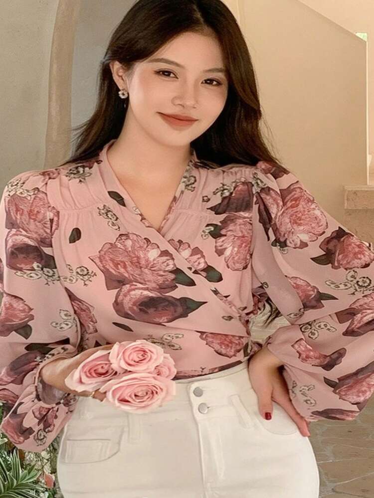 Dazy Plus Plus Size Vacation Floral Print Lantern Sleeve Chiffon Blouse, Spring/Summer Long Sleeve Top
