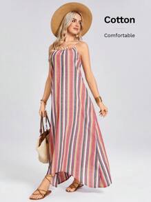 SHEIN LUNE 女款春季彩色条纹不对称下摆吊带连衣裙